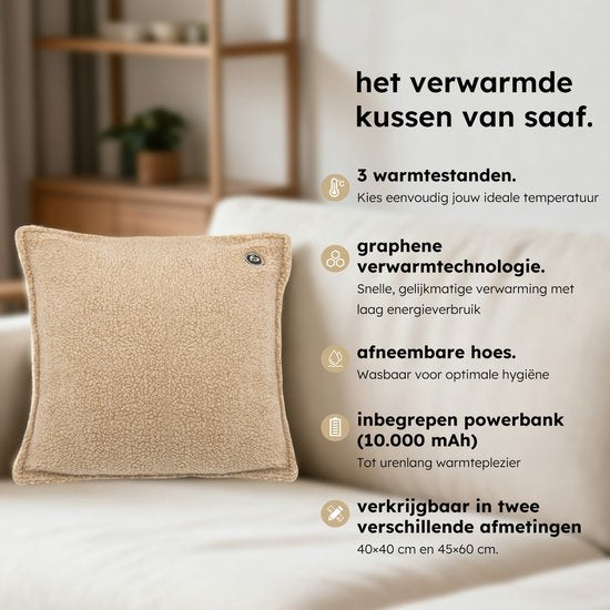 Coussin chauffant - 3 niveaux de chaleur - Coussin chauffant rechargeable - 10k mAh - Sans fil - Coussin chauffant - 40x40 cm - Teddy Beige - Saaf Comfort