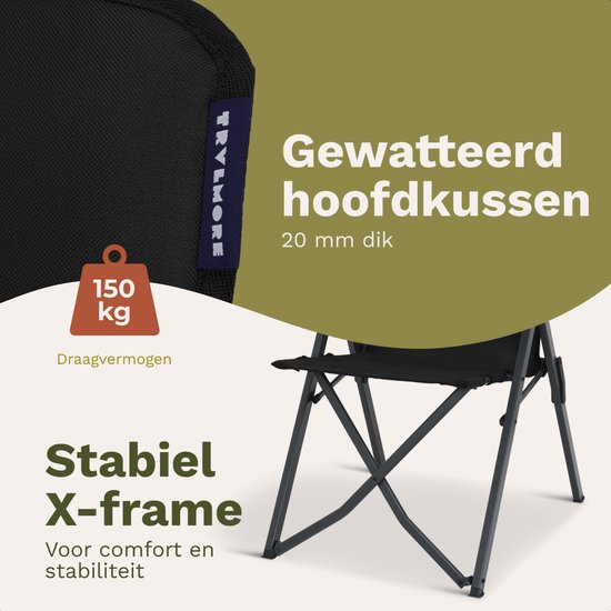 TRVLMORE Chaise de camping de luxe - pliable - capacité de charge de 150 kg - sac de transport inclus - chaise pliante - chaise de camping - chaise pliante - noir