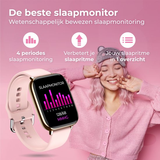 Nuvance - Smartwatch Hommes et Femmes avec Bluetooth - IP68 Waterproof - Convient à tous les Smartphones - Podomètre et moniteur de fréquence cardiaque - Or