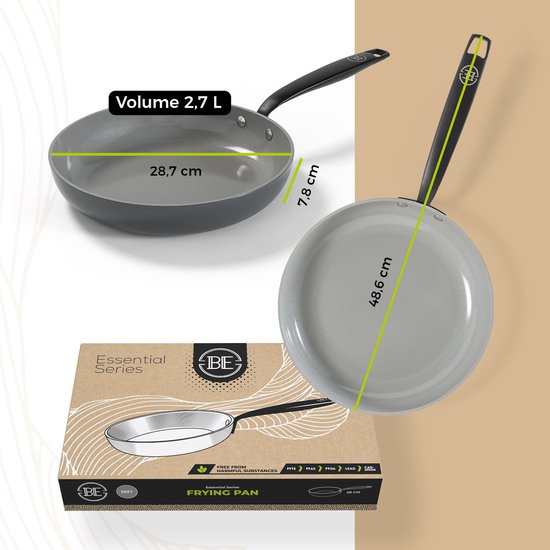 BE Living Poêle à frire - Ø 28 cm - Poêle à frire - Céramique - Antiadhésif sans PFAS - Poêle à induction - Gris - Essential Series