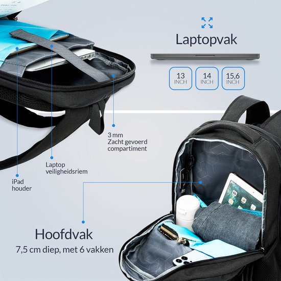 NOHRD Laptop Backpack - Black - Anti Theft - Laptop Bag 15.6 inch - USB Charging Station - Backpack Ladies & Men - Water Repellent - Schoolbag Girl & Boys - Bookbag with Laptop compartment