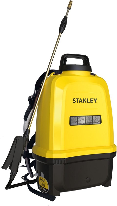 Stanley Pulvérisateur 16 L arrière, pulvérisateur arrière jardin, pulvérisateur à pression, électrique, batterie rechargeable lithium, lance télescopique, buse réglable, autonomie 2 h, max 5 bar, 0.60 l/minute, jaune/noir
