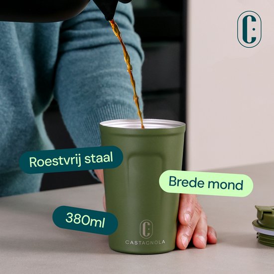 Mug thermos Castagnola - Tasse à café To Go - Mug de voyage pour le café et le thé - Mug à thé - 380 ML - acier inoxydable - Vert