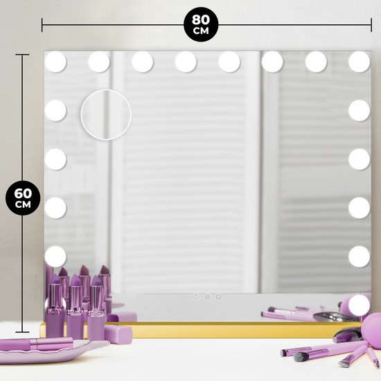 Bayt Hollywood Mirror with Lighting - Make-up Mirror with Lighting - Mirror with Lighting - Hollywood Mirror 80x60 - Dimmable - 10x Magnification - 80x60cm - Gold