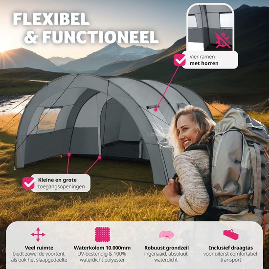 tectake® - Tente tunnel Roskilde - 6 couchages, avec auvent et tapis de sol - 404825