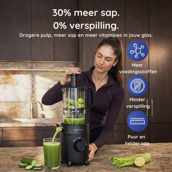 Safecourt Kitchen Slow Juicer - moteur puissant [technologie de pré-coupe et de pression à froid] - nettoyage facile - sans BPA - presse-agrumes Noir