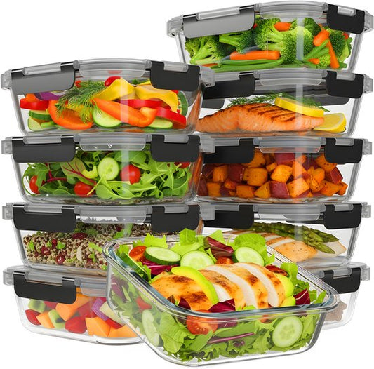 KitchenBrothers Meal Prep Trays - Plateaux fraîcheur en verre - hermétique - sans BPA ni PFAS - 1L - verre - 10 pièces