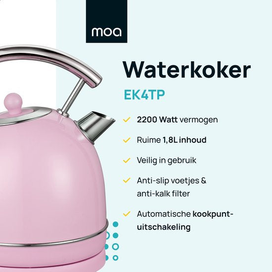 MOA Kettle Retro - 1,8 litre - Bouilloire électrique - Filtre anti-calcaire - sans BPA - acier inoxydable - 2200W - rose pastel