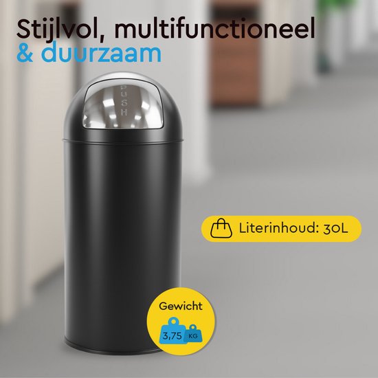 BRASQ Push Bin Trash Noir Poubelle avec poubelle amovible 30 litres - Poubelle - Poubelles