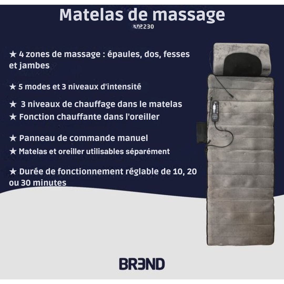 Matelas de massage électrique - BREND - Avec chaleur - 5 modes de vibration et 3 intensités - Coussin de massage - 170X55 cm - Gris