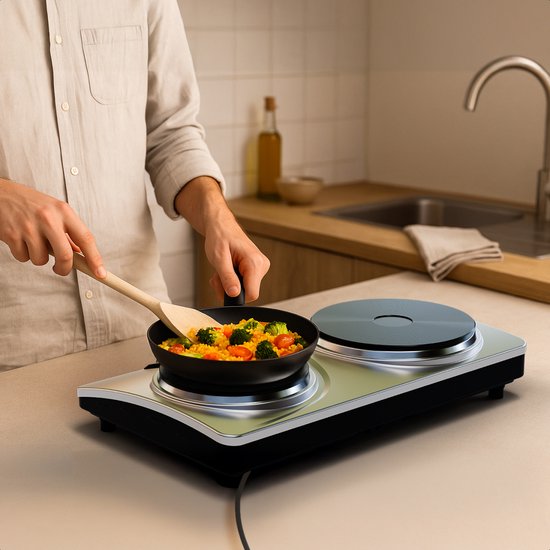 KitchenBrothers Table de cuisson électrique - 2 brûleurs - pose libre - 7 niveaux de température - 1500W + 1000W - inox/noir