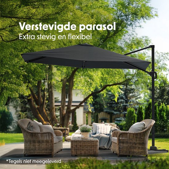 LifeGoods Parasol - 300x300 cm - inclinable - 7 supports - imperméable - avec housse - Anthracite