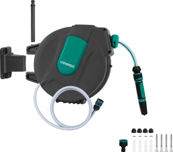 Enrouleur de tuyau automatique - VONROC – Incl. Tuyau d'arrosage de 15 m, tuyau de raccordement, buse, raccords et raccord de robinet - noir vert