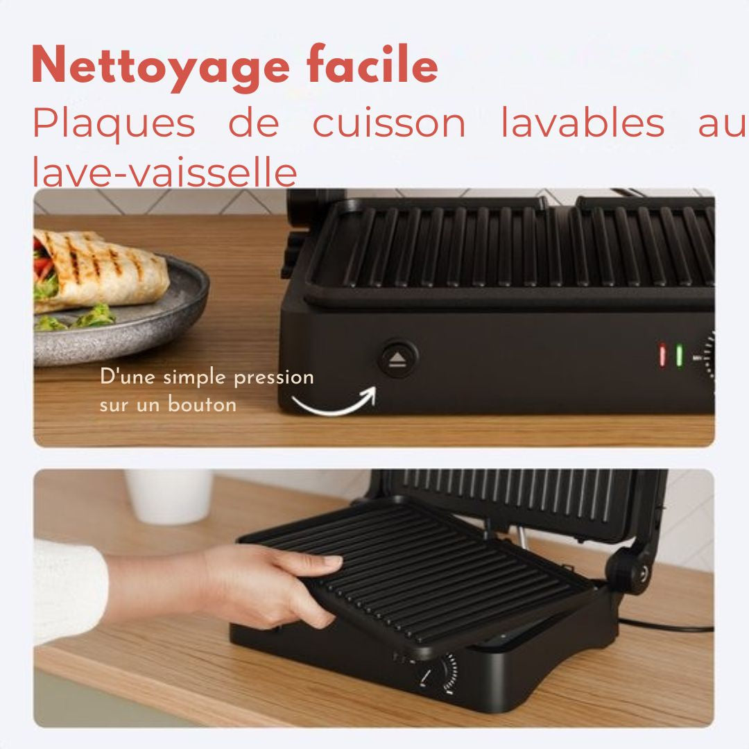 Appareil à griller KitchenBrothers - Plaques de gril amovibles - Gril à panini - 3 réglages de hauteur - Fer à toasti - 2000W - Noir