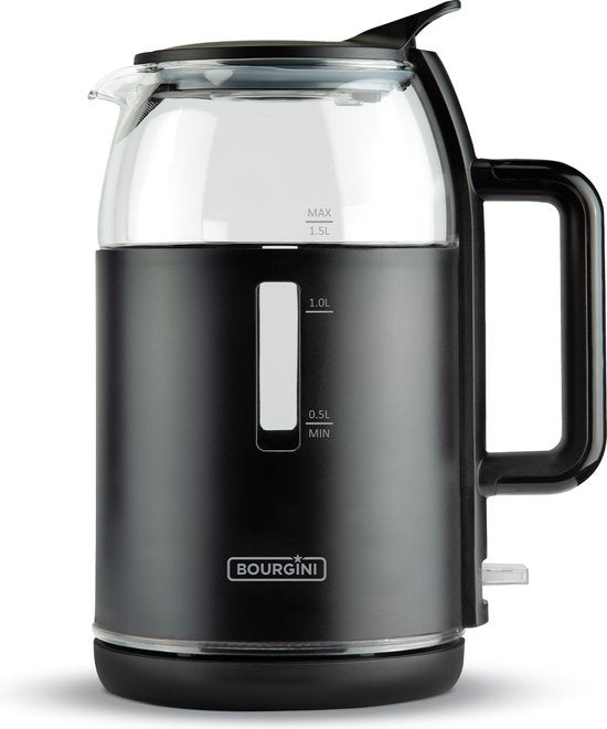 Bouilloire en verre Bourgini - Noir mat - Utilisation sans fil - Remplissage facile par le couvercle - Grande capacité de 1,5 L - Sans BPA