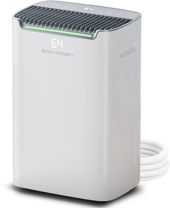 Déshumidificateur Dry Pro Plus d'Erikssøn - Déshumidifie jusqu'à 20 litres par jour - Fonction Lavage-Séchage - Convient pour la maison, la chambre, la salle de bain, le salon et le sous-sol - Déshumidificateur - Blanc