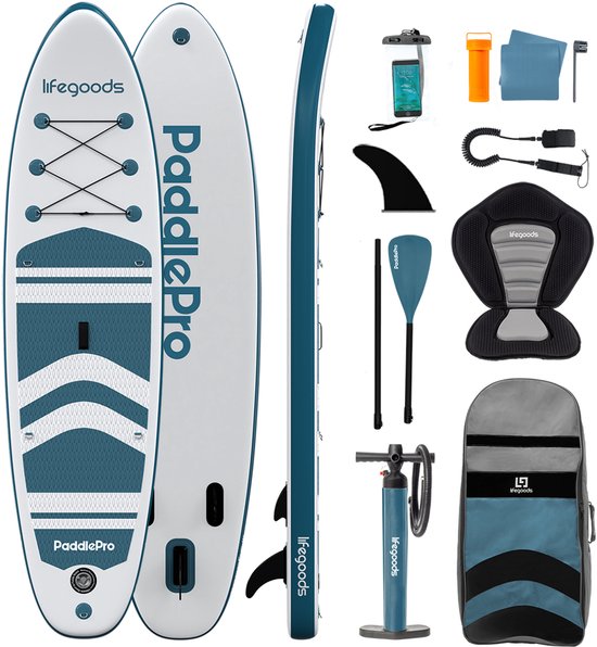 LifeGoods PaddlePro SUP Board - avec siège - Planche à pagaie gonflable - Ensemble complet - Max. 135KG - 320x81cm - Blanc/Aqua profond