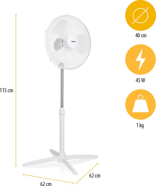 Ventilateur de table 40 cm - 45W - 3 vitesses - Oscillation 85° - Réglable en hauteur - Tristar VE-5755 - Blanc