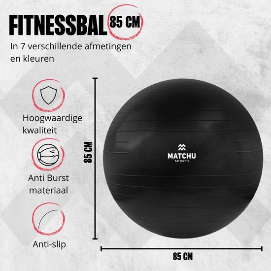 Matchu Sports - Ballon de fitness - Ballon de Pilates - Anti Burst - Ballon de grossesse - Ballon de gym - Ballon pour s'asseoir - Pompe incluse - Ø 85cm - Noir - 300 KG chargeable