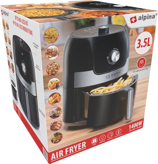 alpina Airfryer 3.5L - Friteuse à air chaud 2 à 3 personnes - Friteuse à air avec température réglable de 80 à 200°C - Four à air chaud Minuteur jusqu'à 60 minutes - 1400W - Noir