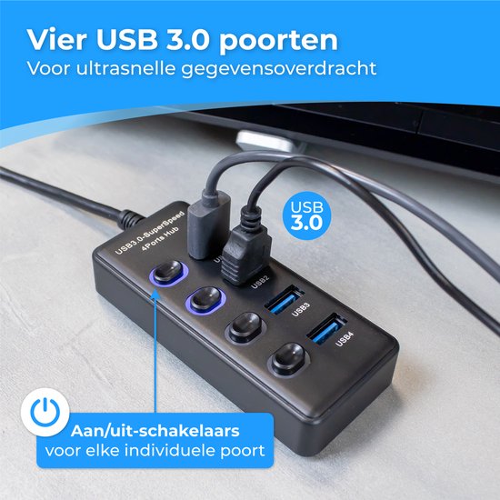 Nuvance - Hub USB 3.0 - 4 ports - Répartiteur - Hub/adaptateur USB C - Universel - Interrupteur marche/arrêt - Noir