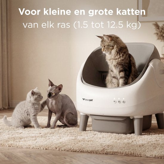 TrevoPet® Air - Bac à litière automatique avec application - autonettoyant et sûr - pour chats jusqu'à 12 kg - tapis, 60 sacs à déchets et accessoires inclus - poubelle de 10 litres - blanc et gris