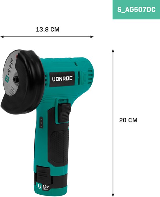 VONROC Battery Angle Grinder 12V - Incl. Battery, usb-c cable and grinding wheel