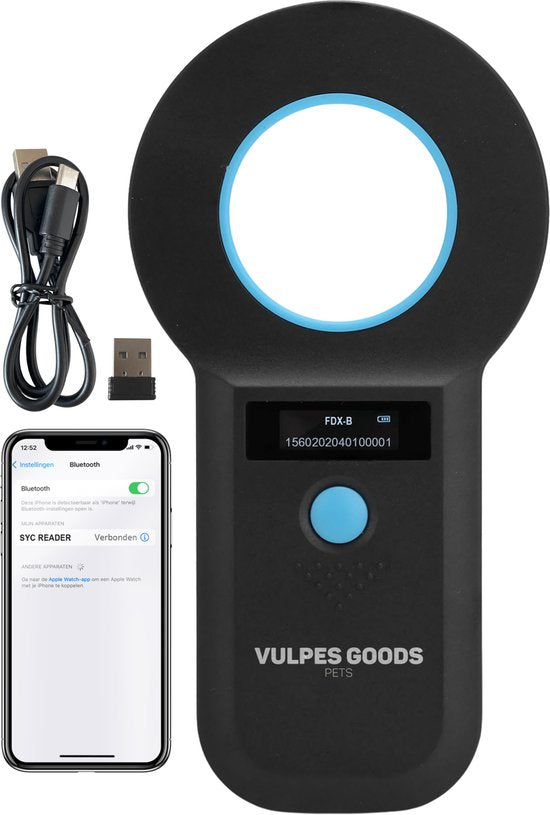 Vulpes Goods® Pets - Lecteur de puces - Lecteur de puces pour tous les animaux - Sac de transport inclus - ISO11784/85/FDX-B - Version PRO