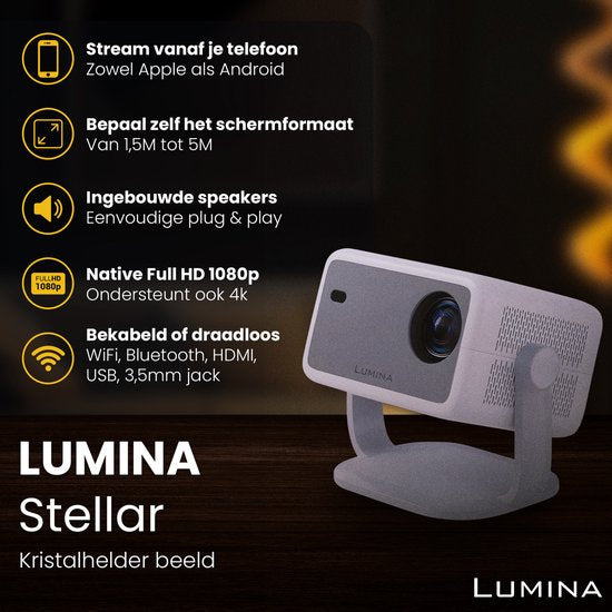 Lumina® Stellar Beamer 2025 - 4K Ultra HD - Écran et redressement automatique - Projecteur Smart TV tout-en-un - Pour iOS et Android - Blanc