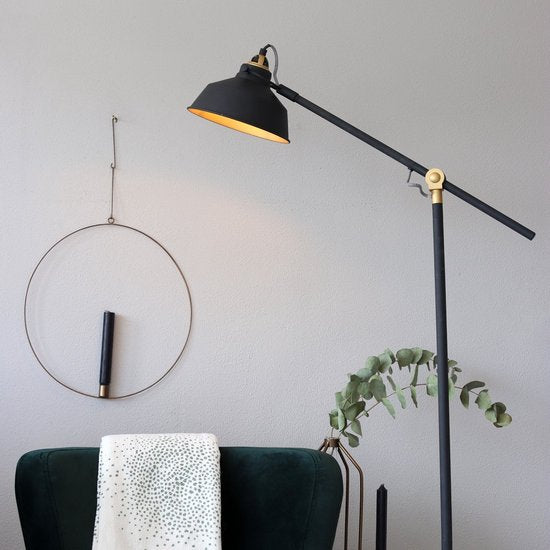 Lampadaire noir Nove 1322ZW - Lampe industrielle pivotante et inclinable avec détails dorés, prise E27, métal et plastique - Mexlite