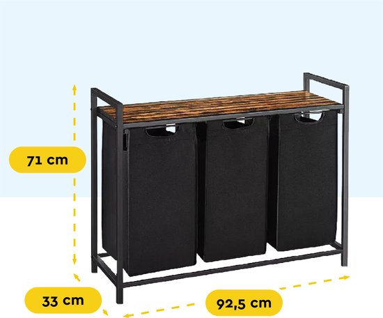BRASQ Panier à linge 3 compartiments - Trieur de linge 114 litres - Extensible avec étagère 92,5x33x71 cm - Boite à linge Métal noir - Bois brun - Panier