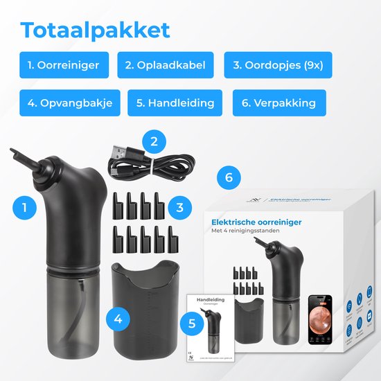 Nuvance Nettoyeur d'oreilles électrique - Extracteur de cérumen - Spray auriculaire - 9 bouchons d'oreilles - Nettoyage d'oreilles - Nettoyeur d'oreilles