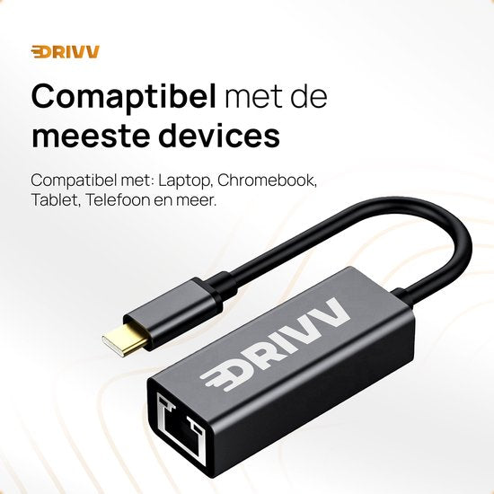Drivv. Adaptateur USB-C vers Ethernet / Internet / Réseau - 10/100/1000 MBps - Gris