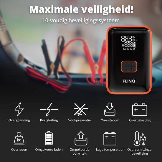 FlinQ 12V Jumpstarter for Car & Motorbike - 4-in-1 Air Compressor, LED Flashlight, SOS Emergency Light & Powerbank - Electric Tyre Pump - Starting Aid - Including Storage Bag