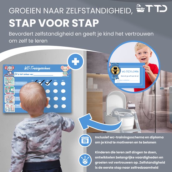 TTD® Potty Toddler - Toilet Dresser with Step - Toilet Dresser - Toilet trainer with Step - Hauteur réglable et pliable - 2 à 8 ans - Avec système de récompense et diplôme