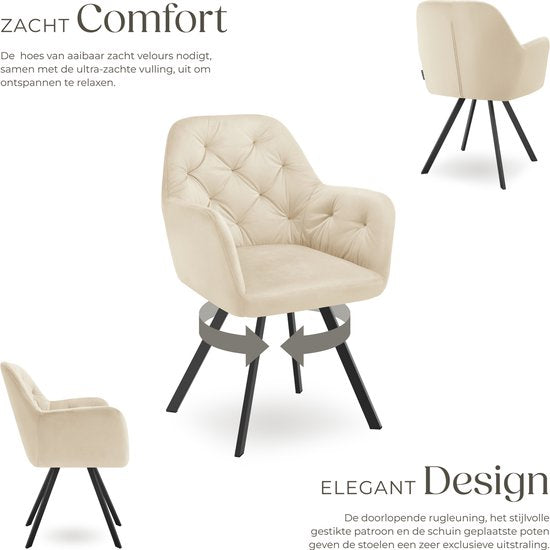 tectake® - Chaise pivotante aspect velours - Chaise de salle à manger avec accoudoirs - Assise et dossier ergonomiques - Pivotant à 180 degrés - Chaise moderne avec pieds en acier - Diverses couleurs - Crème