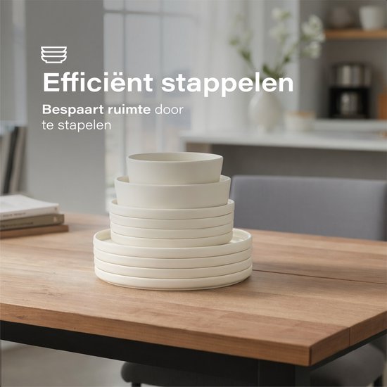 Service de vaisselle Luft 6 personnes - Service d'assiettes de restaurant - Bols - Assiettes plates - Moderne - Faïence massive, céramique - Crème/beige/blanc - 18 pièces