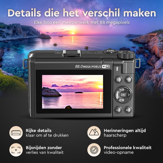 K&L - 8K 88MP - 18X Zoom - 128GB SD - WiFi - 3.0" UHD display - mic port - Caméra photo - Caméra compacte - Caméra Vlog