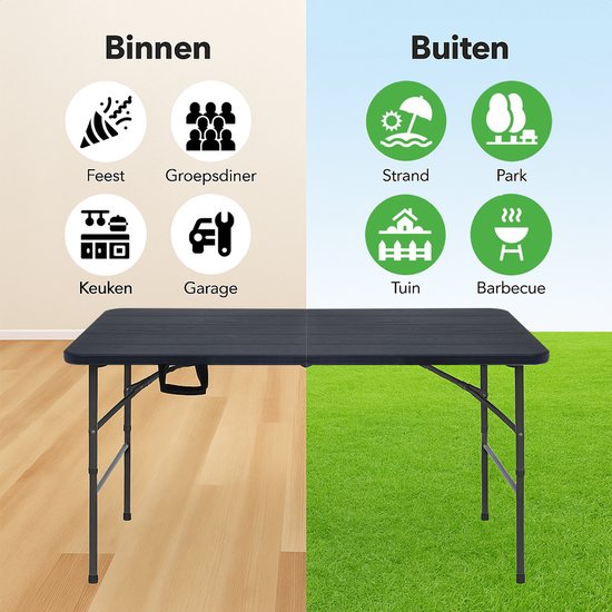 LifeGoods Table pliante - 124x61.5 cm - Table pliante robuste - Résiste aux intempéries - Table de salle à manger pliante - Table de camping - Table pliante pour l'intérieur et l'extérieur - Grain de bois noir