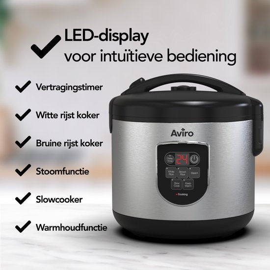 Aviro Rice Cooker - Slowcooker - 1,2L - 7 Fonctions - Fonction maintien au chaud - Cuiseur de riz - Antiadhésif - Multicuiseur - 2-6 personnes - acier inoxydable