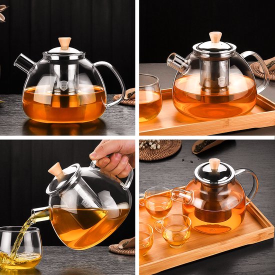 Deleca Théière en verre avec filtre et chauffe-plat - Verre borosilicaté - Tamis en acier inoxydable - Cadeau de Noël - Pour thé en vrac / fleurs de thé - 1.5L
