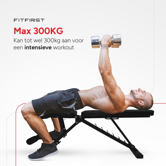 Banc d'exercice FitFirst® - Dossier extra large - Jusqu'à 300KG - Stabilité maximale - Pliable et réglable en 32 positions - Léger et robuste - Banc Halter - Banc d'exercice