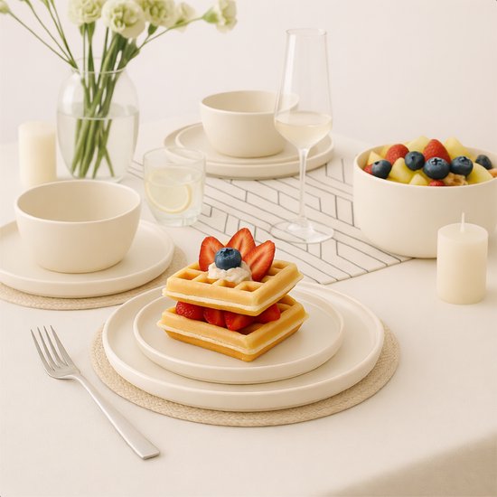 Service de vaisselle Luft 6 personnes - Service d'assiettes de restaurant - Bols - Assiettes plates - Moderne - Faïence massive, céramique - Crème/beige/blanc - 18 pièces