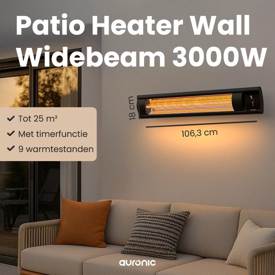 Auronic Chauffage de terrasse - XL - Chauffage infrarouge - Électrique - 25m2 - 3000W - Télécommande - 9 niveaux - Noir