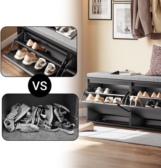 SoBuy Banc à chaussures avec coussin rembourré - Meuble à chaussures avec 2 abattants - Meuble de rangement pour chaussures - Noir, 100x26x46 cm, FSR98-XL-SCH