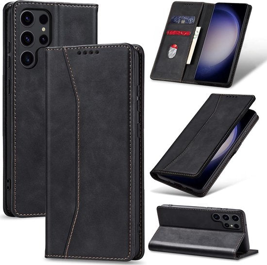 Podec Case with Card Holder Suitable for Samsung Galaxy S23 Ultra Black Phone Case - Anti-Shock Bookcase Cover with 1x Screen Protector