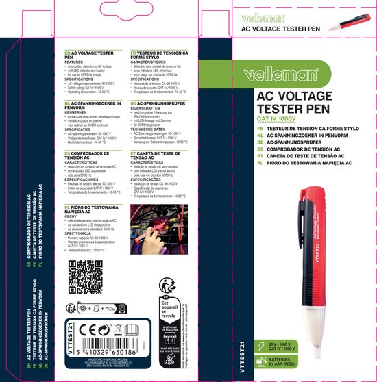 Velleman Détecteur de tension sans contact jusqu'à 1000 V, style stylo, avec lumière LED et buzzer