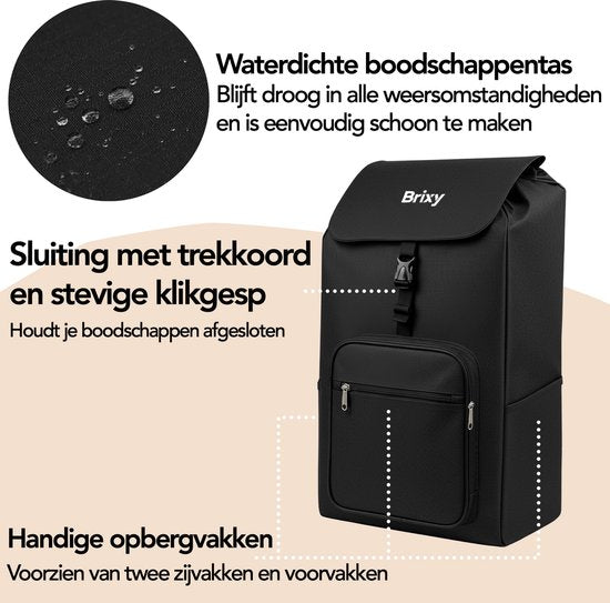 Brixy Chariot de courses - Pliable - Avec roues - Sac de courses amovible - Chariot de courses - Noir