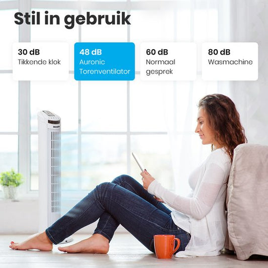 Auronic Tower Fan - Ventilateur sur pied télécommandé - Minuterie - 50W - 45dB - 74cm - Blanc