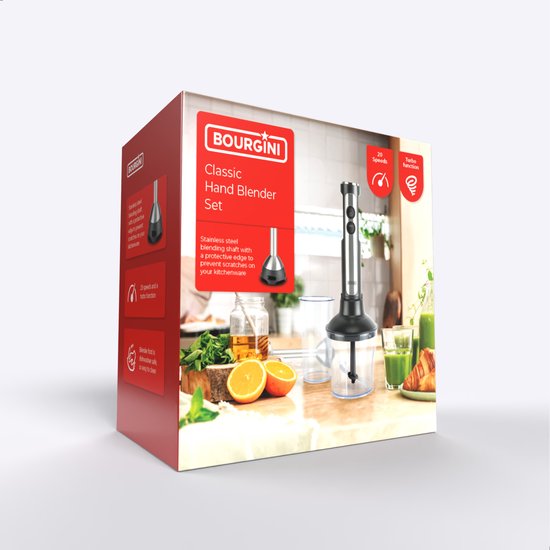 Mixeur plongeant Bourgini - 4 pièces Mixeur plongeant puissant en acier inoxydable - 20 vitesses - Fouet - Hachoir 600ml - Gobelet de mesure 800ml - 1500W